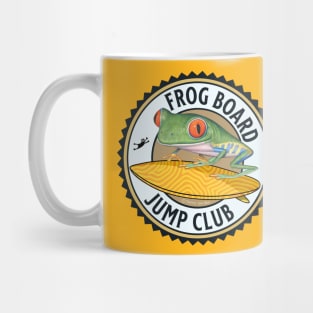 Cute and Funny red eyed tree frog riding a surfboard and is ready for the jump club tee Mug